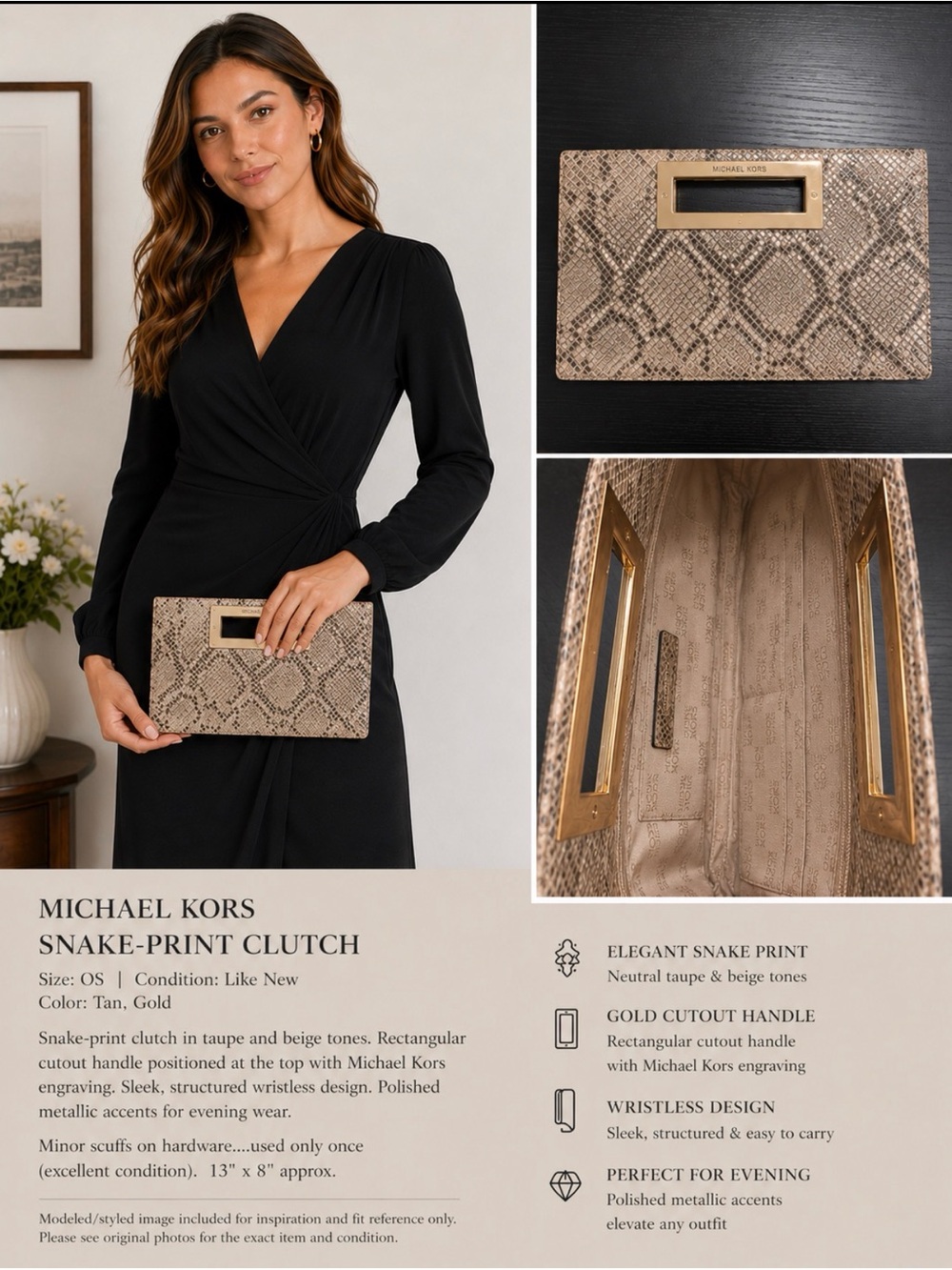 Michael Kors Taupe Snake-Print Clutch with Gold Handle